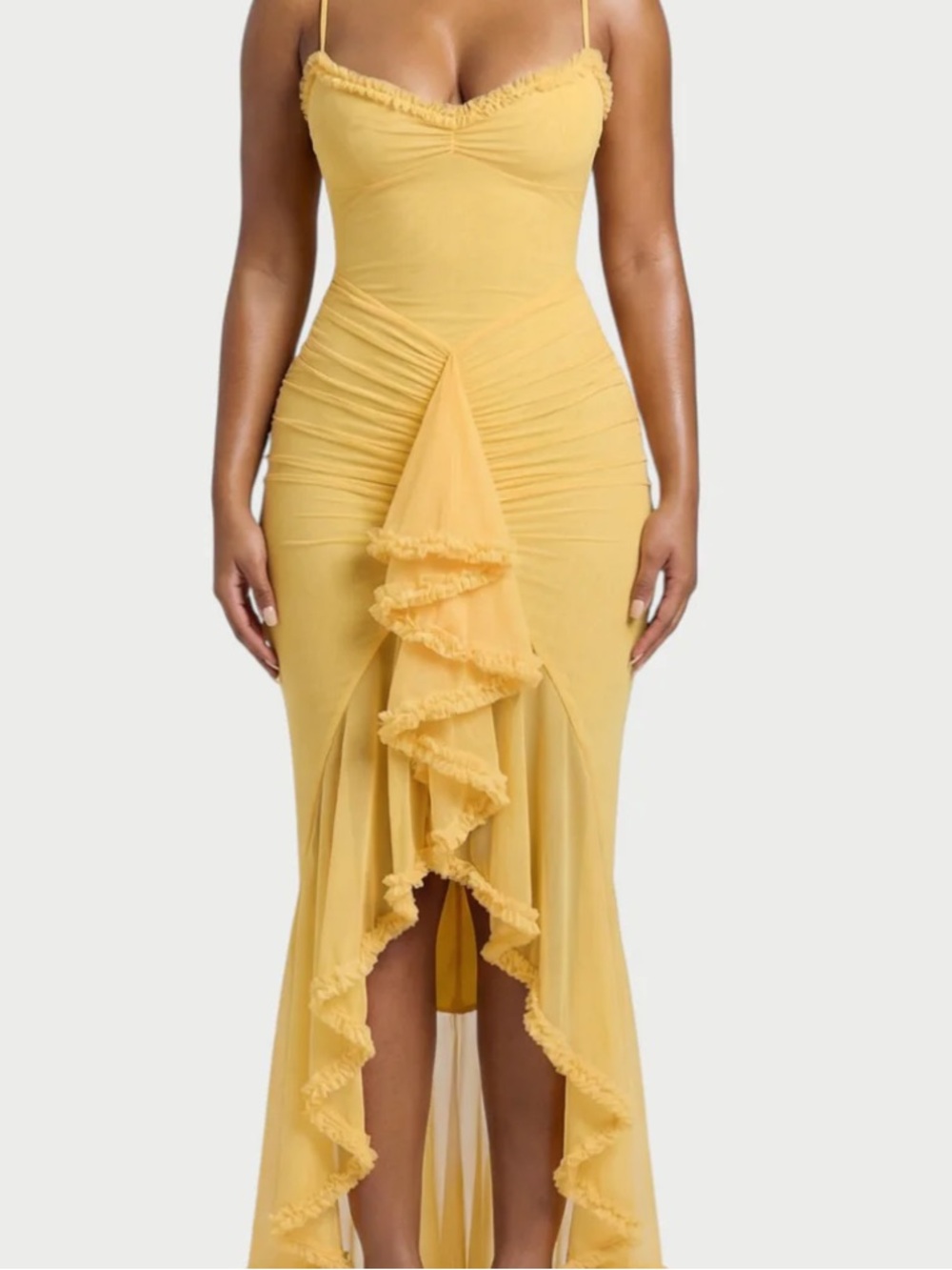 Yellow Ruffle-Front Maxi Dress with Spaghetti Straps